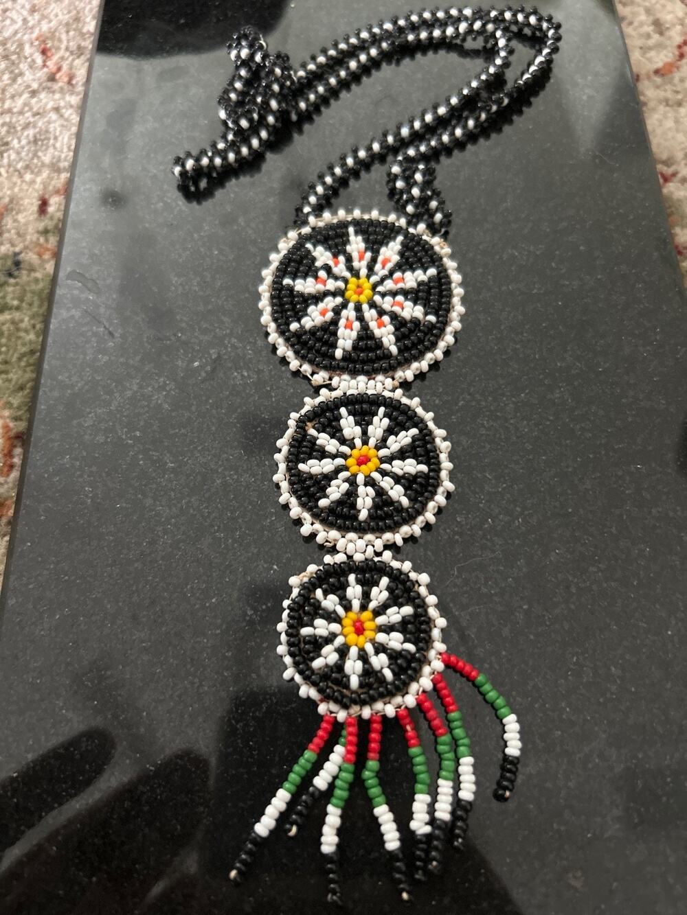 Seed Bead Rosette with leather baxking - Native American